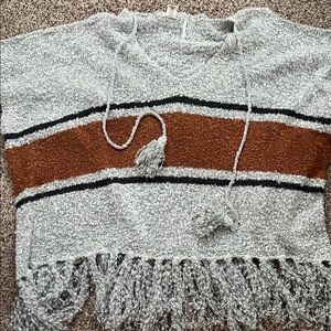 Free People Gray and Brown V-Neck Sweater with Fringe